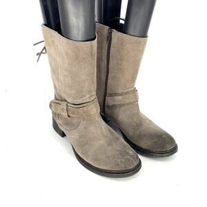 Lola Cruz Suede Moto Boots Womens Tan Mid Calf Buckle Lace Up Side Zip Size 39 8